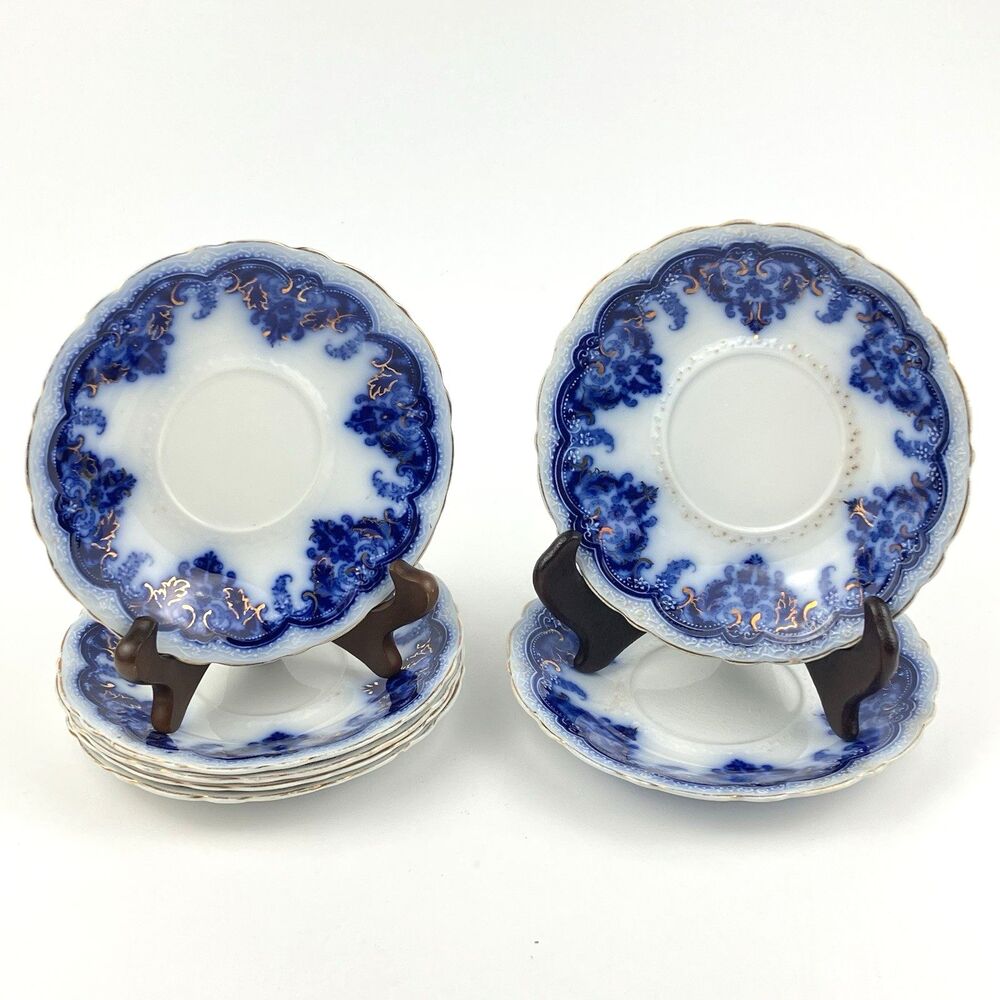 Johnson Bros Georgia 7 Blue & White Floral Scalloped Plates England Gold Accents